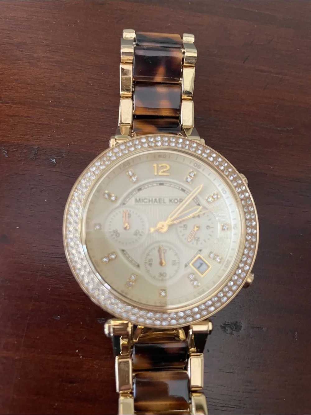Michael Kors Gold and Tortoiseshell Crystal-Trim Cronograph Watch